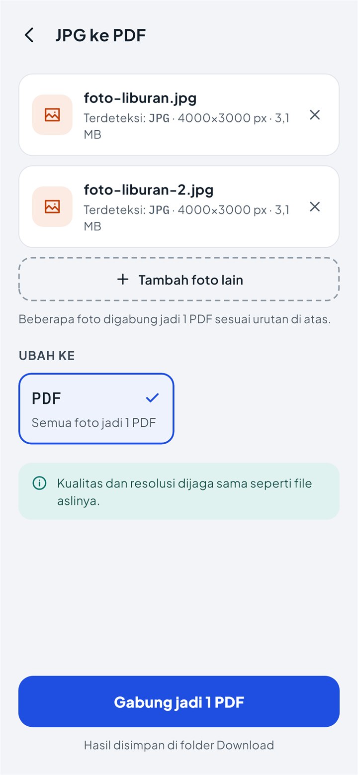 Layar JPG ke PDF: dua foto digabung jadi satu PDF