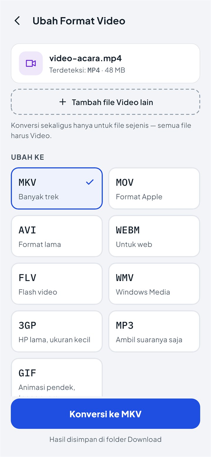Layar Ubah Format Video dengan pilihan format tujuan